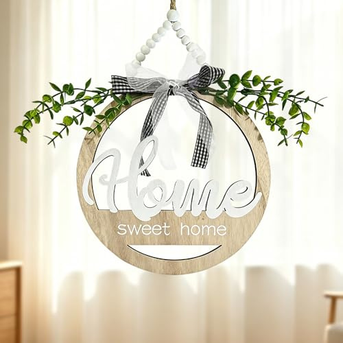 WRQIOO 24cm Türdeko Haustür, Home Sweet Home Deko, Türdeko zum Aufhängen, Türkranz Ganzjährig, Türschild mit Blumen für Haustür, Eingang, Garten, Frühling, Sommer, Herbst, Winter