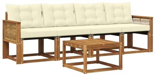 vidaXL Outdoor-Sofagarnitur mit Kissen 5 pcs Natur und Creme, Garten Sofaset, modernes Wohnmöbel, entspannende Couch für Terrasse und Außenbereich