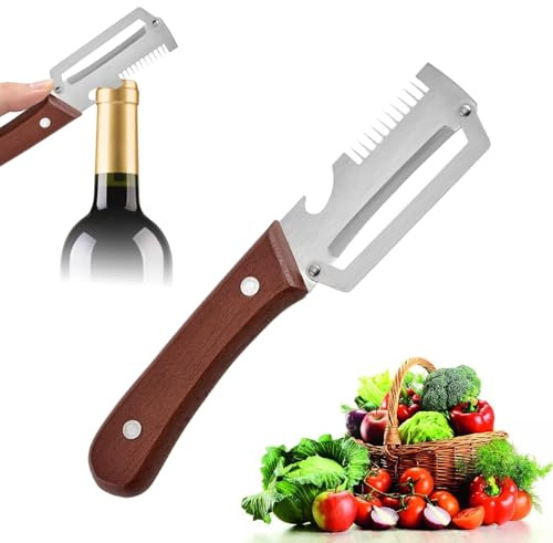 Stainless Steel Vegetable Peeler with Wooden Handle,2-in-1 Multifunctional Tool with Bottle Opener,Ergonomic Potato Peeler & Fruit Slicer, Sharp Blade for Carrot,Apple,Easy Grip Kitchen Tool (1pc-B)
