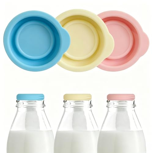 3 Pcs Reusable Silicone Milk Bottle Tops,Milk Bottle Tops for UK Glass Bottles,Airtight Bottle Seal,Designed to Fit Standard UK One Pint Glass Milk Bottles(Multicolour,33mm Diameter)