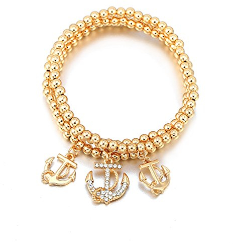 Ouran Frauen Charm Armband, Anker Anhänger Stretch Bead Armreif Freundschaftsarmband Armreif für Mädchen mit CZ Crystal (Vergoldet)