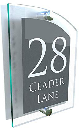 ARCHED ACRYLIC HOUSE SIGN | UV PRINTED | Genuine Perspex | PLAQUE DOOR NUMBER STREET GLASS EFFECT ACRYLIC ALUMINIUM NAME ARCA5-28WA-S-C