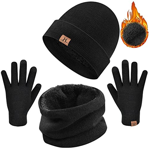 UMIPUBO Hat Scarf and Glove Set Unisex Winter Warm Thermal Knitted Beanie Hat Neck Warmer and Touchscreen Gloves Gift Set (Black)(Size: One size)