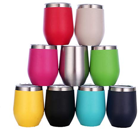 Gteller 12 oz Stainless Steel Wine Tumbler Stemless Glasses with Lid, Double Wall Insulated Travel Mug Perfect for Wine, Coffee, Drinks, Champagne, Cocktails (Green)