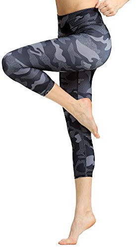 FLYILY Sporthose Damen Capri Yogahosen für Damen Elastische Tummy Control Yogahose Training Tights Yoga Hosen 3/4 Sporthose Laufhose(BlackCamouflage,XL)
