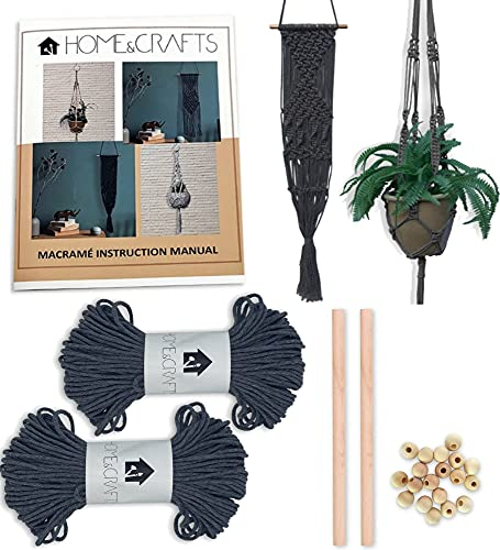 Macrame Kit, Dual Plant & Wall Hanging Kit - 328 Feet 100M 3mm Macrame Cord with Dowel, Beads and 4 Design Instruction Book, Plant Hanger Kit and Wall Hanging Kit for DIY Crafts, Starter Kit (Grey)