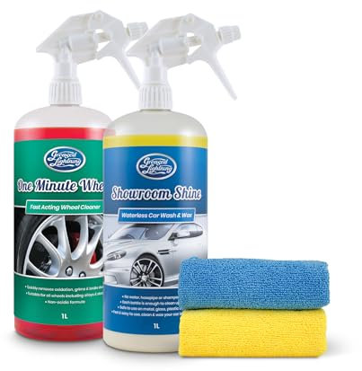 Greased Lightning Bodywork & Wheels Twin Pack - Showroom Shine 1L Waterless Wash and Wax & One minute Wheels 1L Wheel Cleaner Plus 2 Microfibre Cloths Pack