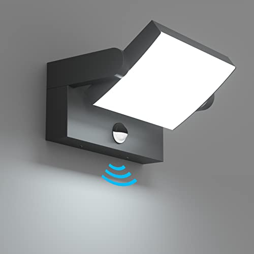 Klighten 24W LED Außenwandleuchte Aussenleuchte mit Bewegungsmelder IP65 Wandleuchte Innen Außen Wandlampe mit Schwenkbar Panel, Außenlampe für Garten Terrasse, Schwarz, kaltes Weiß 6000K
