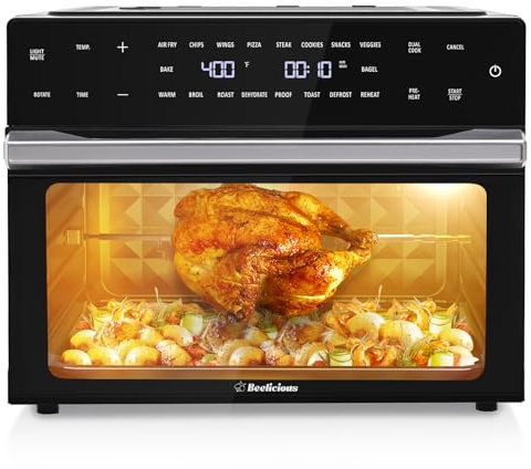 Beelicious 32QT Friggitrice ad aria extra large 19 in 1, friggitrice ad aria, forno tostapane combinato con spiedo e disidratatore, forno a convezione digitale per piano cottura della pizza da 13