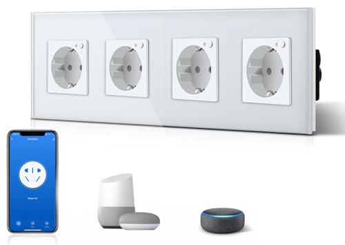 BSEED Schuko Wifi Steckdose 16A Smart Alexa Glassteckdose, 1 Pack 4 Weg Weiß 299mm Unterputz-Installation APP-Steuerung Arbeit mit Alexa/Google Home DIY Free Spin Nur 2.4 GHz