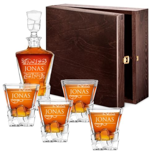 Maverton 950 ml Whiskey Karaffe + 2/4 / 6er Whiskygläser Set mit Gravur - Whisky Dekanter - luxuriöses Design - Kristallglas - für Männer zum Geburtstag - Weihnachtsgeschenke - Vorname