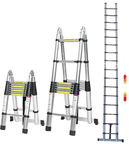 Telescopic Ladder 5M with Stabiliser, Multi-Purpose Foldable Step Ladder, 2.5M+2.5M Stainless Steel A-Frame Extendable Ladder Loft Ladder Adjustable Step with EN13
