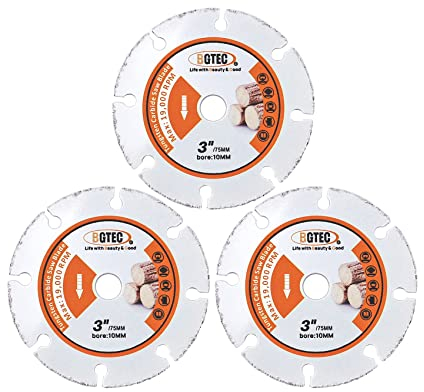 BGTEC Disque à tronçonner en carbure de tungstène, 3 lames de meule à tronçonner en carbure brasé sous vide de 75 mm pour planche de bois, plaque de gypse, tuyau en caoutchouc, plastique