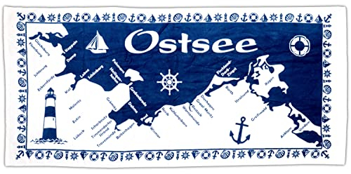 ELLUG Großes maritimes Handtuch, Badetuch Strandtuch 100% Baumwolle Velours und Frottee Urlaub 75 * 160cm (Ostsee)