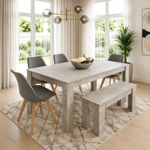 KOSY KOALA Dining Table and Chairs Set with 1 Bench - Kitchen Table with 4 Grey Dining Chairs with Padded Seats - Modern 6 Seater Kitchen Room Furniture - 140 x 80 x 75 cm