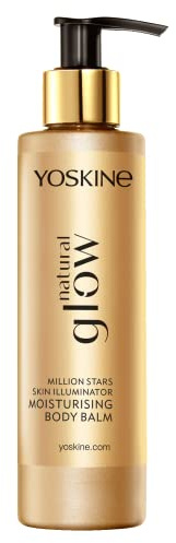 Yoskine Natural Glow Schimmernder Körperbalsam mit Sheabutter, Mandelöl und natürlichen Glow-Partikeln, feuchtigkeitsspendende Pflege, 195 ml