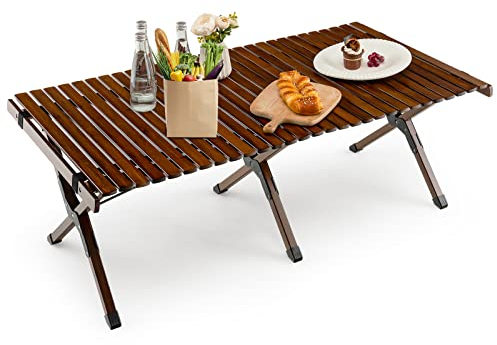 GYMAX Bambus Campingtisch Klappbar Roll-Up Klapptisch 122 x 60 x 43 cm für 4-6 Personen Falttisch mit Tragetasche für Outdoor Camping (Braun)