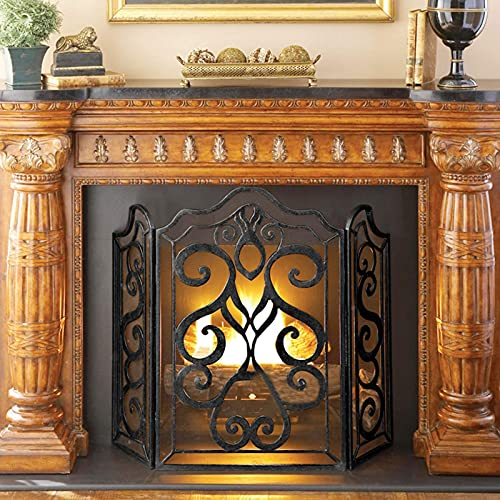 CAZARU Luxuriöser Kaminschutz im Scroll-Design für Kohlefeuerung/Öfen/Grills, 3-Fach freistehender Funkenschutz, pulverbeschichtetes Eisen, Schwarze Oberfläche