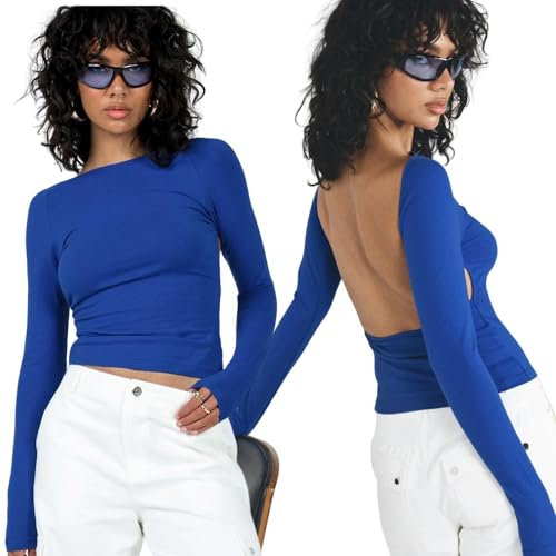 Arkim Women's Long Sleeve Tops Backless Top Y2K Top Sexy Street Fashion New Long Sleeve Tops Women Tight Shirt(Blue-Long Sleeve,S)