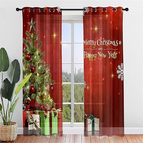 Hiseng Weihnachten Voile Vorhänge mit Ösen Durchsichtig Halbtransparent Ösenvorhang für Fenster Wohnzimmer Schlafzimmer Elegant Rot Transparent Gardine 2er Set (107x213cm,Weihnachtsbaum)