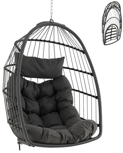 COSTWAY Swing Egg Chair, Foldable Rattan Hanging Chair with Soft Cushion and Head Pillow, Indoor Outdoor Hanging Egg Basket Seat for Garden Patio Yard Living Room