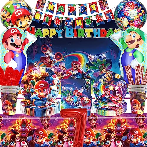 CBLDF Super Mrio Geburtstag Deko 7 Jahre, Pappteller Mrio Kindergeburtstag Set für 10+ Kinder, Mrio Bros Partygeschirr Set Jungen, Luftballon Teller Becher Servietten Party (Geburtstagsdeko 7 Jahre)