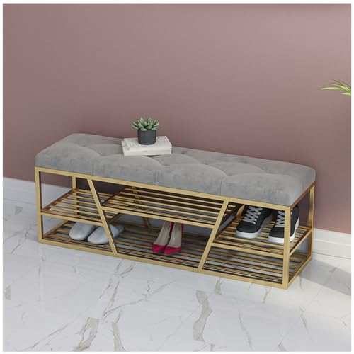 PJDDP Schuhbank für Eingangsbereich mit gepolstertem Sitz, Moderne Samt Schuhregal mit Sitzbank, 2-stufiger Schuhregal-Organizer für Schlafzimmer,Wohnzimmer,Flur,Grau,100cm/39.3in