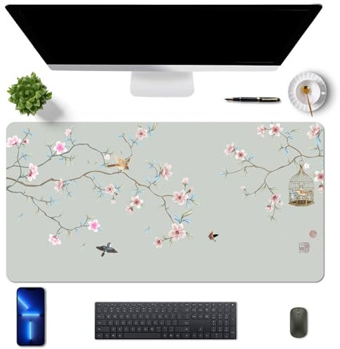MAYCARI Tapis de Bureau en Cuir PU Imperméable Tapis de Souris Grand 80x40 cm Mouse Pad pour Bureau/Maison, avec Motifs de Fleur de Pêcher
