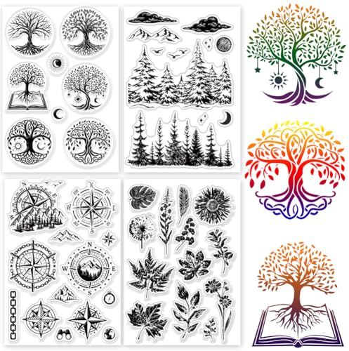 GLOBLELAND 4 Blatt Transparente Stempel „Baum Und Blätter“ Für Die Kartenherstellung 11x16 cm Baum Des Lebens Transparente Silikon Stempelsiegel Transparente Stempel Für DIY Scrapbooking Tagebücher