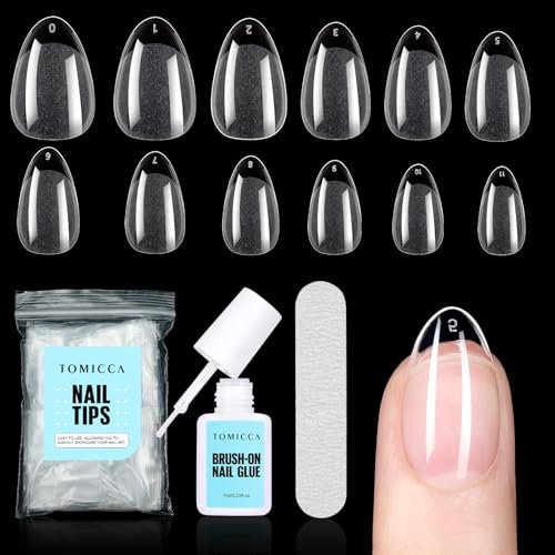 TOMICCA Short Almond Nail Tips, 240Pcs 12 Size S Almond False Nail Tips with Nail Glue Nail File, Acrylic Clear False Nails with Glue Kit, Nail Art Manicure Decorations for Girls Women