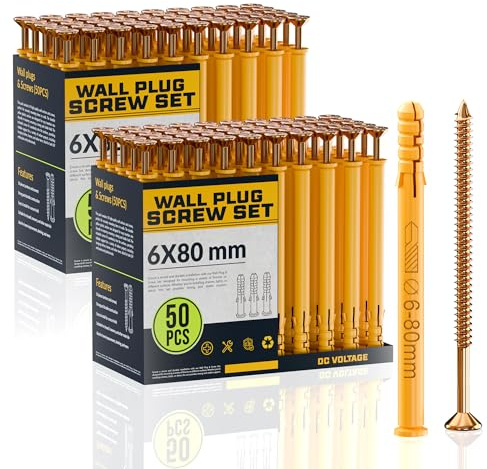 DC VOLTAGE 50pcs x 2 Wall Plugs and Screws Set 6 x 80 mm Anchor Bolts For Masonry Brick Concrete Heavy Duty Brick Concrete Fixings Plugs Assorted Set pack