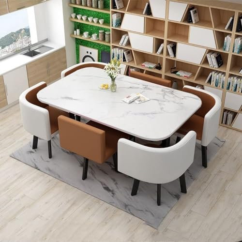Rechteckig Esstisch und 6 Stühlen, Küchentisch mit 6 for Esszimmer Küche Wohnzimmer, Konferenztisch Empfangtisch mit Stühlen Set (Color : Brown White)