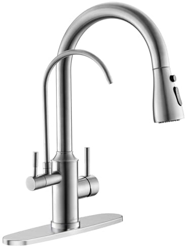 APPASO Kitchen Faucet with Water Filter, CUPC Certified Water Hose, Pull Out 3 Way Sink Faucets with Sprayer, High Arch 2 Handle Faucet - 2 in 1 Faucets Brushed Nickel, Without Filtration Device