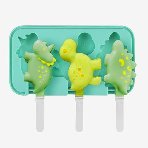 Eisformen Eis am Stiel, Wiederverwendbar Eisformen, Silikon Eis am Stiel Eiscreme Cakesicle Formen für Kinder und Erwachsene, DIY Popsicle Formen mit Stiel und Deckel (Dinosaurier)