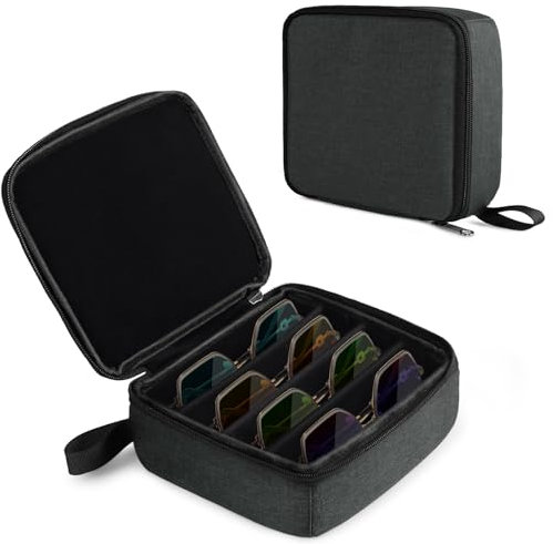 Bukere Reise-Sonnenbrillen-Organizer, verstellbarer Schlitz für mehrere Paare, tragbare Brillen-Aufbewahrungsbox für Männer und Frauen, grau dunkel, Small, Gepolstert