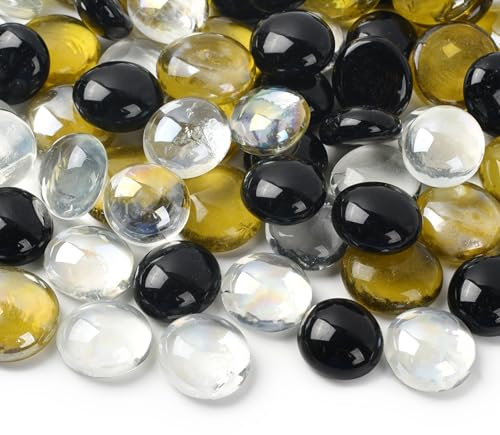 HUIANER Round Glass Pebbles 450g, Flat Stone Marbles Table Scatter Gems for Vase Filler Aquarium Decor Garden Decoration (Gray, Black and Clean)