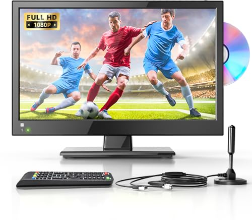 Desobry TV Portatile LED da 16 pollici 1080p con lettore DVD incorporato, supporto antenna HDMI USB tv piccola per camera da letto/cucina, TV 12v per camper/caravan/motorhome/camper van