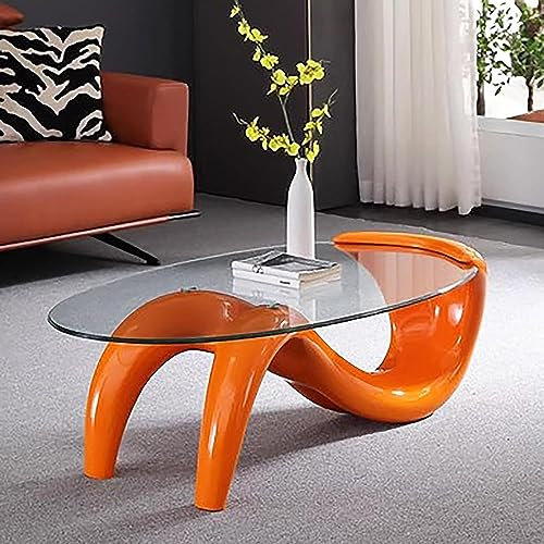 Table basse ovale en verre, table basse contemporaine pour salon, table basse abstraite en verre transparent, table basse moderne du milieu du siècle (dimensions : 90 x 55 x 40 cm, couleur : orange)