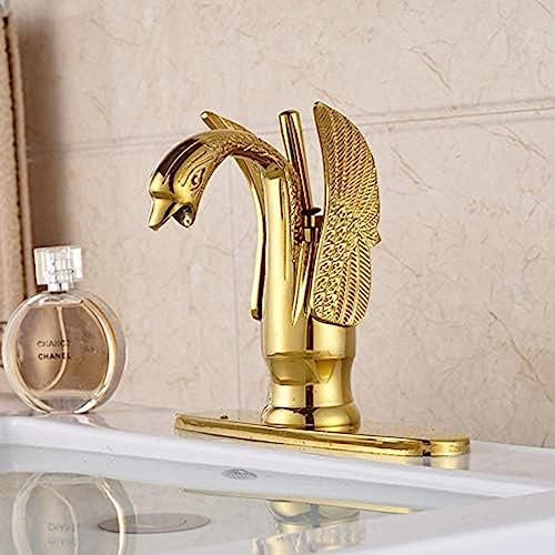 Goldene Deck-Montage, Messing-Waschbecken-Mischbatterien, Badezimmer-Waschbecken-Wasserhahn, Schwanenform + Loch-Abdeckplatte