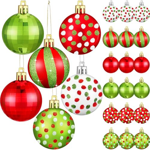 Beeveer 24 Stück Weihnachtskugel-Ornamente, glitzernde Kunststoff-Hängedekorationen, limettengrün, Elfenkugeln, Wirbel, Zuckerstange, bruchsicher, hängende Baumschmuck für Weihnachten, Urlaub,