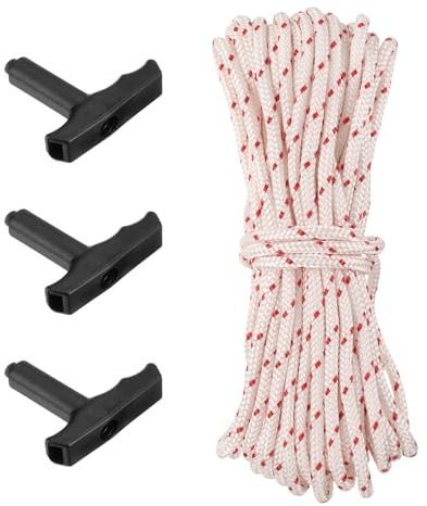 QUARKZMAN Cordon de Démarrage à Rappel avec 3Pcs Poignées de Démarrage, Corde de Démarrage en Nylon de 10 Mètres et 4,5 mm de Diamètre, Tronçonneuse, Pièces de Moteur, Blanc Rouge