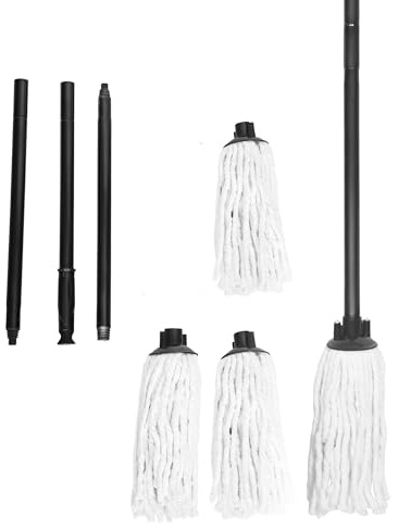 K-ONE Cotton Floor Mop Head with Handle and Refill, for Quick Cleaning Bathroom & Kitchen Floor Laminate, Tile & Hard Floors – Washable – Absorbent Cotton Mop (with 4 mop head)