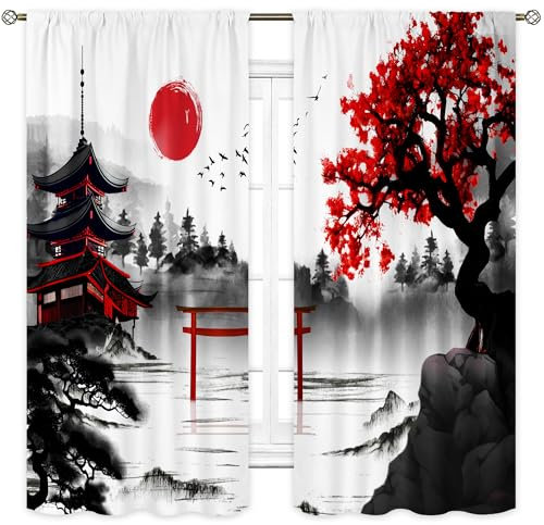 Cinbloo Japanische Kirschblütenvorhänge, 106 x 160 cm (B x H), Stangentasche, schwarz, rot, asiatisches Anime, chinesisches Aquarell, Berg, Sonne, Kunst, bedruckt, ästhetisch, Wohnzimmer,
