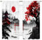Cinbloo Japanische Kirschblütenvorhänge, 106 x 160 cm (B x H), Stangentasche, schwarz, rot, asiatisches Anime, chinesisches Aquarell, Berg, Sonne, Kunst, bedruckt, ästhetisch, Wohnzimmer,