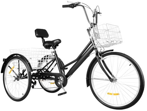 Pinuox 24 Zoll 7 Gang Dreirad für Erwachsene mit Vorderen und Hinteren Korb 3-Rad Fahrrad mit Rückenlehne für Senioren Damen und Herren, bis 120 kg