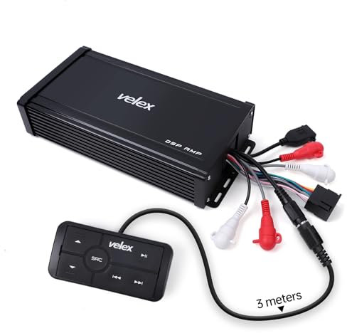 Velex Marine DSP Amp Amplificador de 4 canales Clase D Transmisión Bluetooth 3 Metros Diseño de Control Remoto con Cable para Afinar el Sistema de Audio