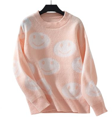 QIUNUOTAN Damen Pullover Smiley Gesichtsmuster Pullover Strickpullover Tops Frauen Herbst Und Winter Lose Runde-rosa-l