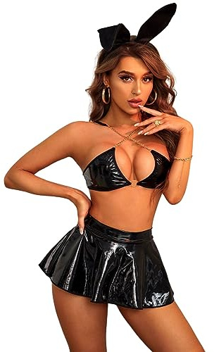 ROSVAJFY Bunny Kostüm Damen Sexy Lackleder Cosplay Dessous Set für Anime Bunny Girl Halloween Party, Karneval Rollenspiel Unterwäsche Rave Outfit Festival Clubwear BH+Miniröcke+G-String+Stirnband