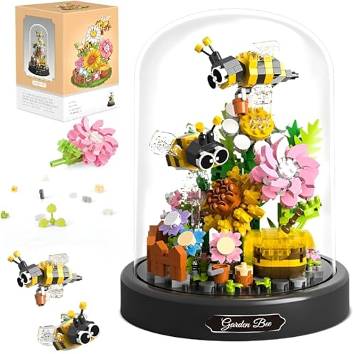 DzirePada Bienen Blumenstrauß Mini Baustein Set, 588 Teile mit Schutzhülle Insekten Pflanzen Bonsai Bausteine Set, Home Deko, Zimmerdeko, Geschenke für Jungen und Mädchen (16368)