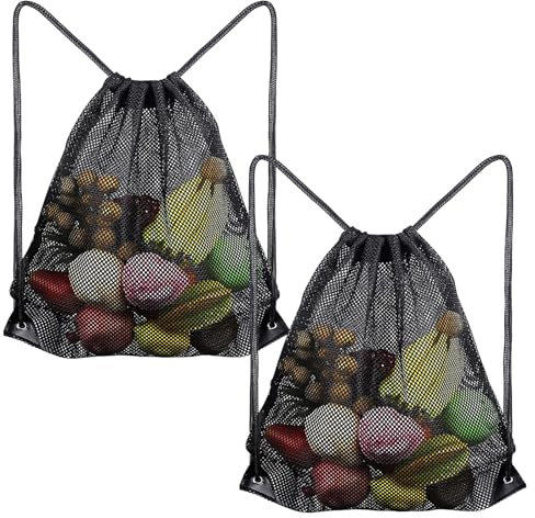VPB Lot de 2 grands sacs de rangement en maille avec cordon de serrage pour la natation, la plage, la piscine, le shopping en plein air - Noir
